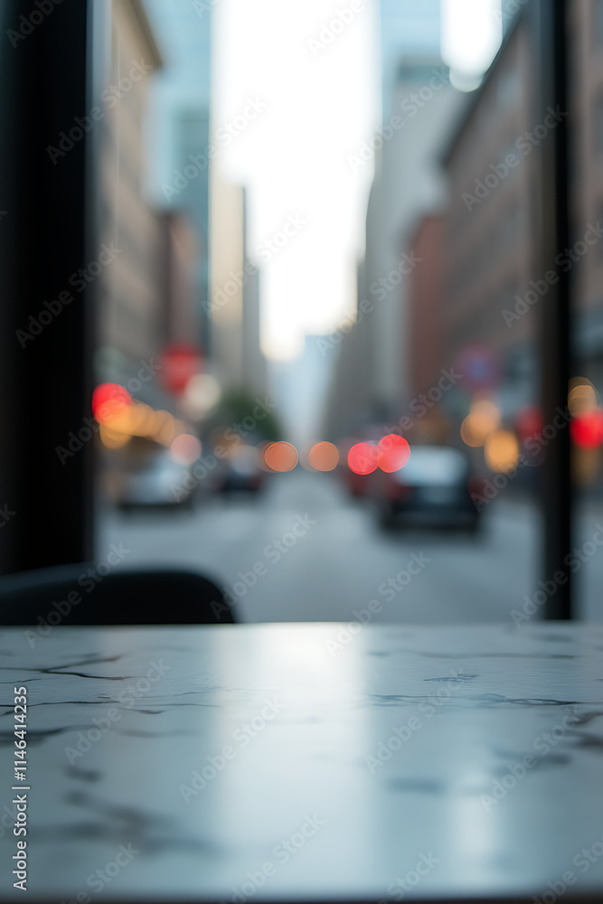 Poster a marble tabletop provides a sharp contrast to the blurred urban landscape visible through the selec