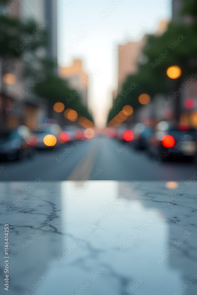Poster a marble tabletop provides a sharp contrast to the blurred urban landscape visible through the selec