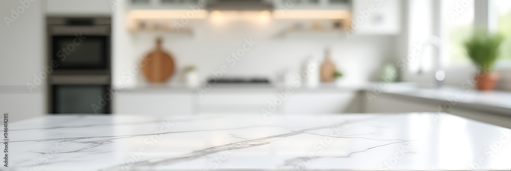 Poster A marble tabletop is centered in a blurry white kitchen room setting with selective focus applied to it._00003_
