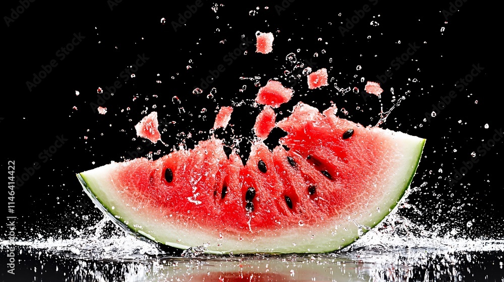 Poster exploding juicy watermelon slice with splashes.