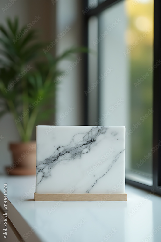 Poster A marble display is subtly placed in the foreground with a blurred window background creating an artistic selective focus effect._00002_