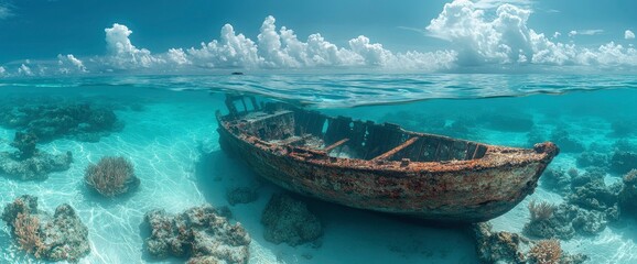 Obraz premium Sunken Treasure A Rusty Shipwreck in a Tropical Paradise