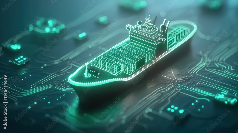 Poster a digital representation of a container ship on a circuit board, symbolizing the intersection of tec