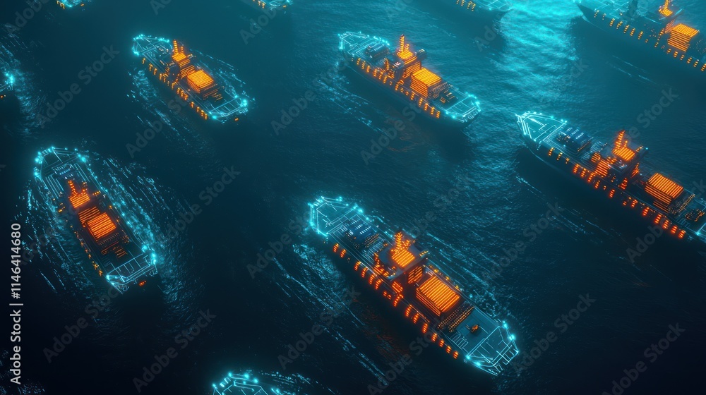 Poster aerial view of illuminated ships navigating through dark waters, showcasing a blend of technology an