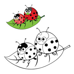A delightful coloring page featuring two adorable ladybirds perched on a leaf, surrounded by nature's charm. Perfect for kids and adults to add their creative touch!