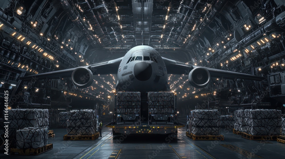Poster a large cargo plane is positioned in a dimly lit hangar, surrounded by stacked crates, showcasing an