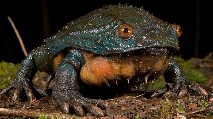 Close-up of a horned frog on the forest floor.