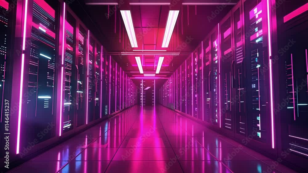 Poster powerful servers processing big data in a modern data center illuminated by vibrant neon lights, cre