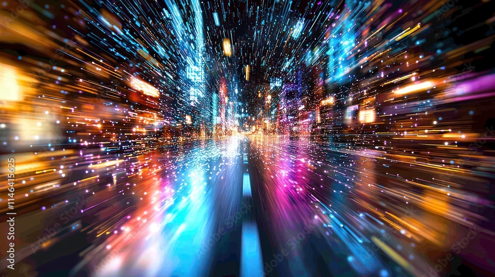 Poster a vibrant, abstract image capturing the sensation of speed with colorful lights and blurred lines, e