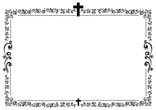 Obituary memorial lettering and floral ornament with cross isolated monochrome frame. Vector grief text with crucifix, flowers and leaves border, funeral inscription. Condolence message on gravestone