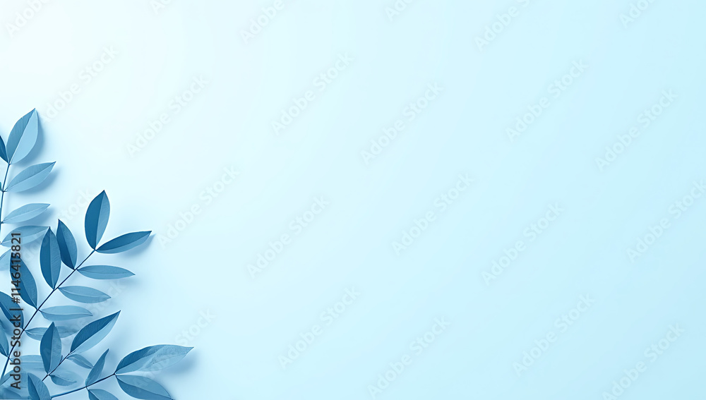 Poster a large banner features a minimalist design with a tropical leaf motif in light blue pastel colors w
