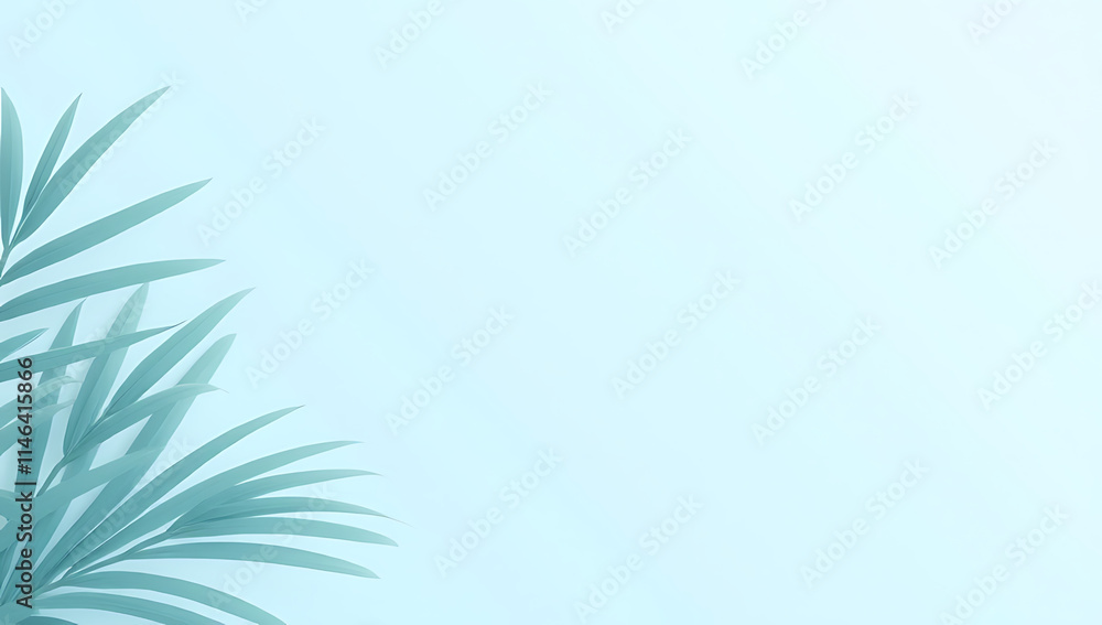 Poster a large banner features a minimalist design with a tropical leaf motif in light blue pastel colors w