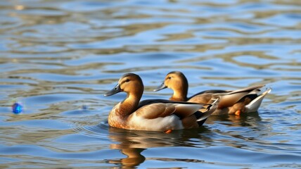 Ducks swimming in tranquil water amidst soft ripples during a sunny afternoon at a serene lake