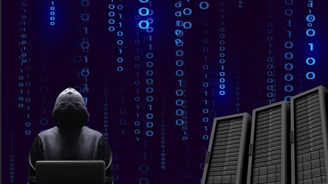 Silhouette noire d&eacute;cal&eacute;e sur la gauche du cybercriminel s'attaquant &agrave; des serveurs gr&acirc;ce &agrave; son ordinateur portable sur fond de donn&eacute;es binaires bleues