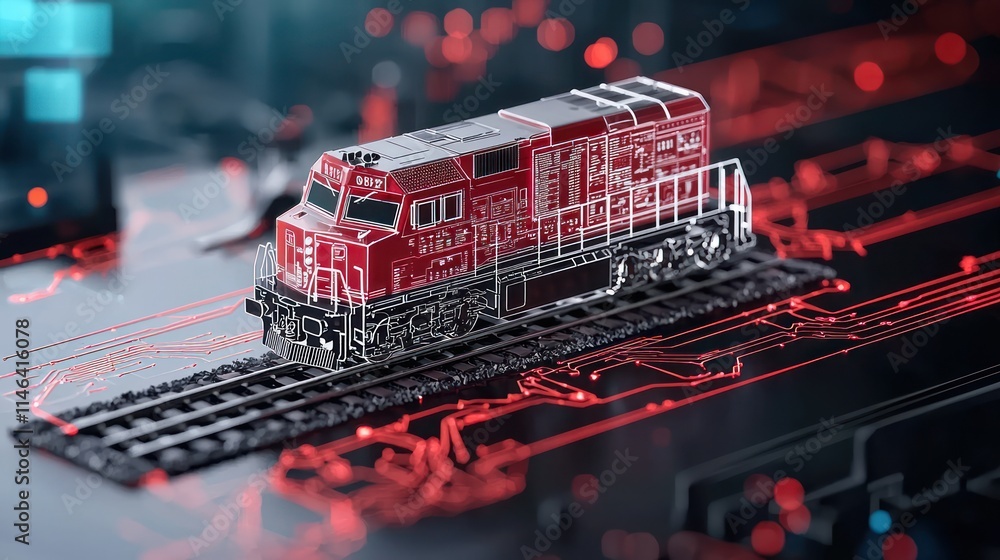 Poster a detailed model train on a circuit board background, blending technology and classic design in a vi