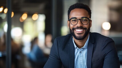 Fototapeta premium Smiling businessman wearing glasses in modern office setting