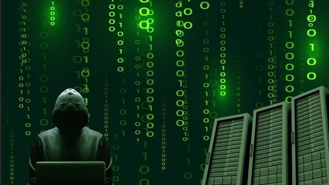 Silhouette verte d&eacute;cal&eacute;e sur la gauche du cybercriminel s'attaquant &agrave; des serveurs gr&acirc;ce &agrave; son ordinateur portable sur fond de donn&eacute;es binaires vertes