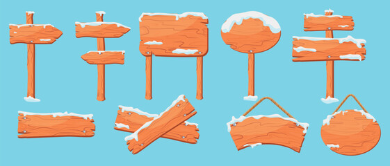 Vector cartoon wooden sign boards set covered with snow. Wood road banners, hanging boards and direction arrow with snow caps. Snowy information boards, blank guideposts, direction pointers.