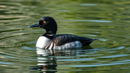 Obraz premium Goldeneye duck swimming gracefully in a tranquil lake surrounded by nature