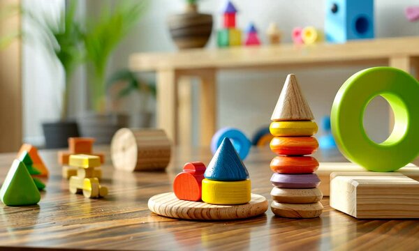 Colorful wooden toys on table with blurred background