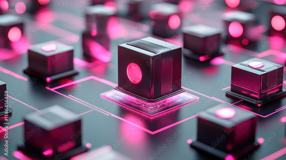 Poster a close-up view of a futuristic circuit board with glowing pink elements, featuring square chips int