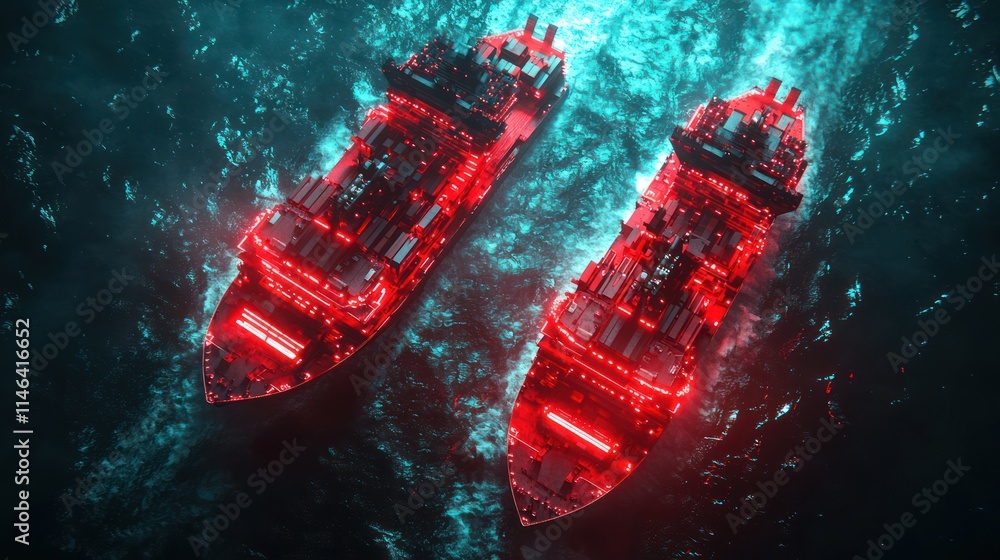 Aufkleber two futuristic ships illuminated in red navigate through vibrant blue waters, creating a striking co
