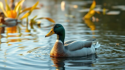 Fototapeta premium Mallard duck swimming in a serene pond surrounded by autumn foliage during golden hour