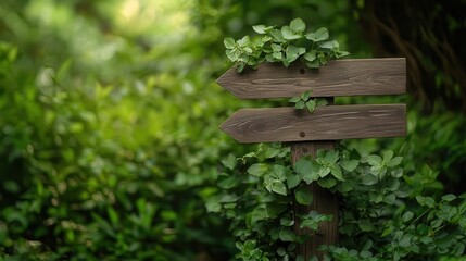 Wooden signs with green foliage decorations, evoking eco-friendly messages imagine abstract expressionism, bold brushstrokes,