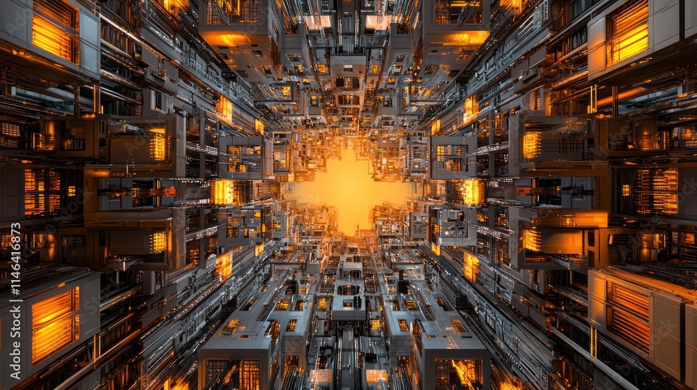 Aufkleber a visually striking, surreal scene of interconnected buildings illuminated by an explosion of warm l