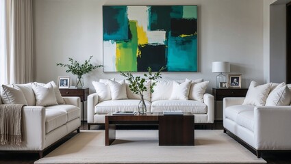 Bright modern living room with white sofas, wooden furniture, and abstract green wall art