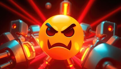 4K HD Wallpapers Angry Emoji Surrounded By Glowing Metallic Structures, With Intense Red Beams Emanating From It. Desktop Wallpaper HD. HD Backgrounds