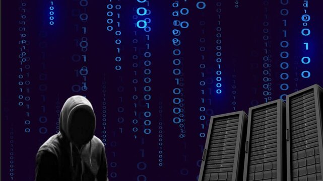 Silhouette noire d&eacute;cal&eacute;e sur la gauche du cybercriminel s'attaquant &agrave; des serveurs sur fond de donn&eacute;es binaires bleues