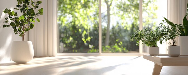 Fototapeta premium Potted plants illuminating minimalist interior with natural light