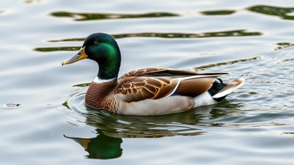 Colorful mallard duck swimming gracefully in calm waters during a sunny afternoon