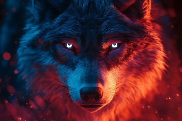 Close-up of a mystical wolf illuminated by vibrant neon colors.