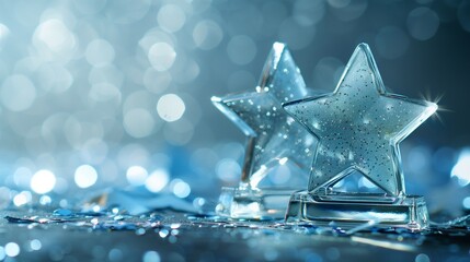 Blurry background, suitable for an award ceremony, in light blue, with light spots and lots of glitter, many awards in star shape, only easy to see, made of glass, with glass base