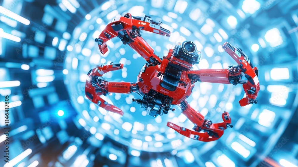 Poster a high-tech red robot drone with multiple arms hovers in a futuristic, illuminated environment, show