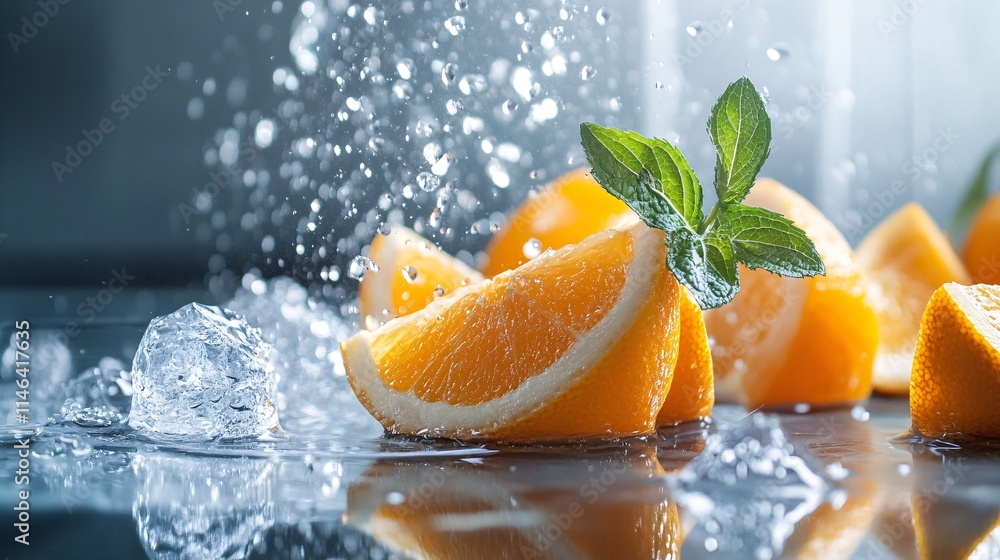 Poster fresh orange slices with mint and splashing water on reflective surface