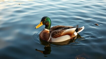 Fototapeta premium Male mallard duck swimming gracefully in calm water during early morning light