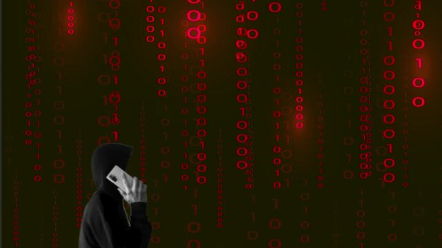 Harc&egrave;lement : Silhouette noire du cybercriminel avec un smartphone &agrave; la main et &agrave; l'oreille sur fond de donn&eacute;es binaires rouges
