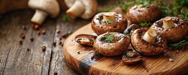 Fototapeta premium Grilled mushrooms with dill on wooden cutting board