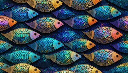Abstract fish scales with iridescent highlights and intricate patterns