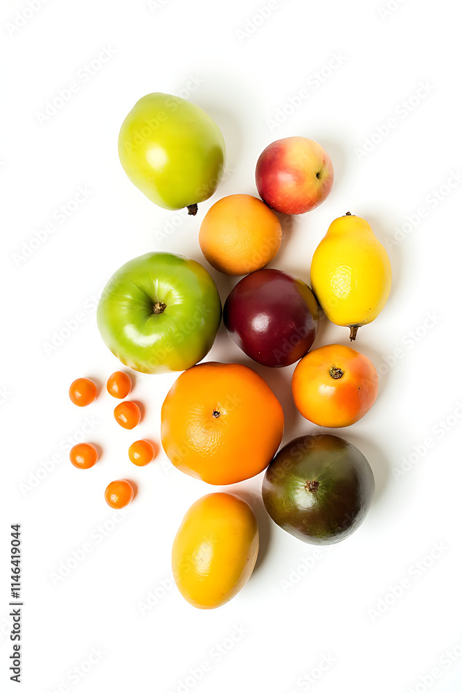 Poster A cluster of various colorful fruits is arranged artfully against a plain white background to create a visually appealing image._00003_