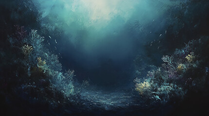 serene underwater scene featuring deep coral reef, glowing softly