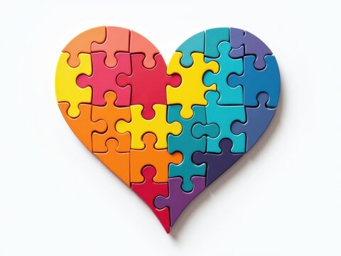 Colorful heart-shaped puzzle pieces arranged in a vibrant pattern on a white background