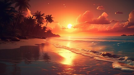 Tranquil Sunrise Over Paradise Beach with Lush Palms and Gentle Waves Reflecting the Warm Hues of Dawn