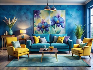 Aerial View Soft Watercolor Irises Purple Modern Living Room Interior Design Blue Yellow Furniture Cozy Home Decor