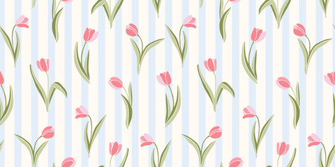 Spring seamles pattern with tulips, background with pink flowers in a stripe