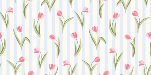 Spring seamles pattern with tulips, background with pink flowers in a stripe