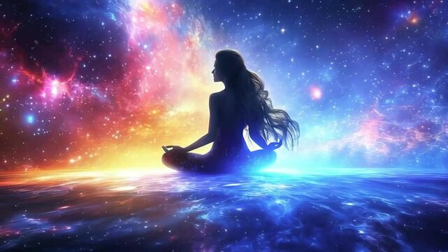 Silhouette of a Meditating Woman in Cosmic Space Surrounded by Stars and Galaxies new beautiful stock video footage animation AI